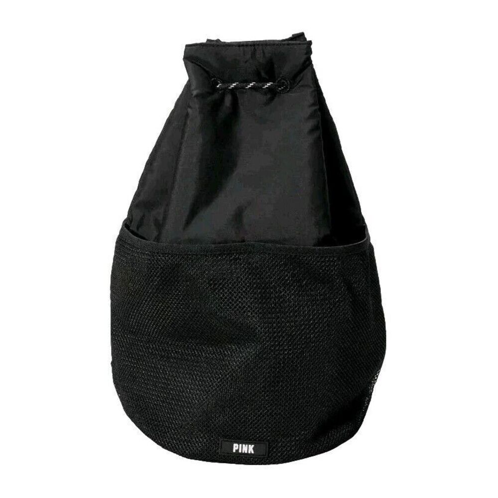 Pink Victoria Secret Black Drawstring Backpack Bag Outter Mesh Pockets 14x16 NWT